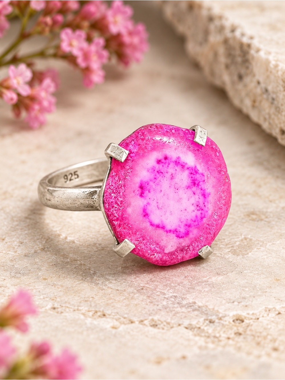 Sterling Silver Pink Druzy Agate Statement Cocktail Ring Boho Artisan Size 7